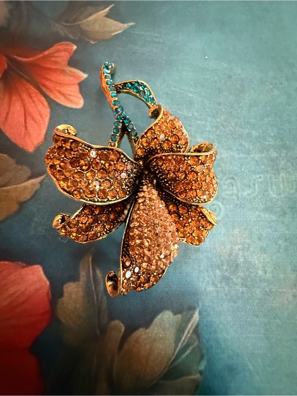 Gold-Tone Orange Crystal Floral Brooch — Women Jewelry